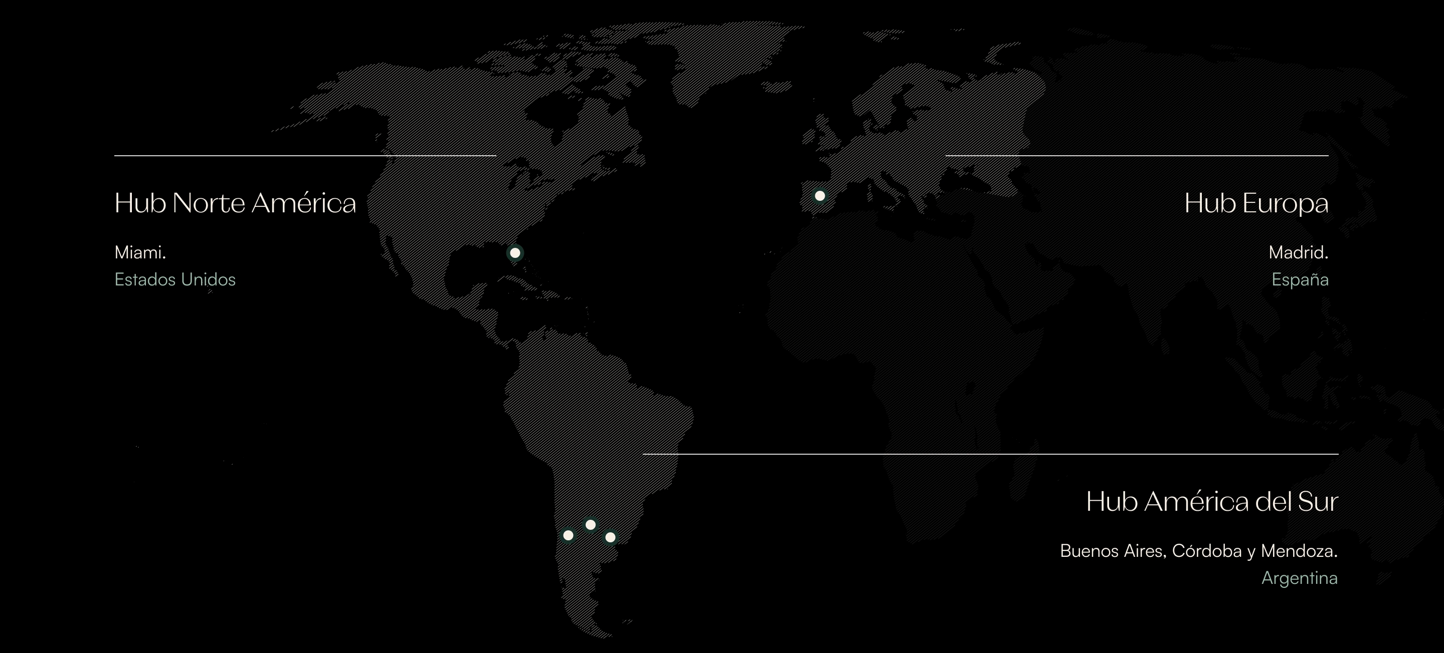 Mapa de oficinas. Miami, Nasaú, Buanos Aires, Córdoba, Mendoza, Madrid