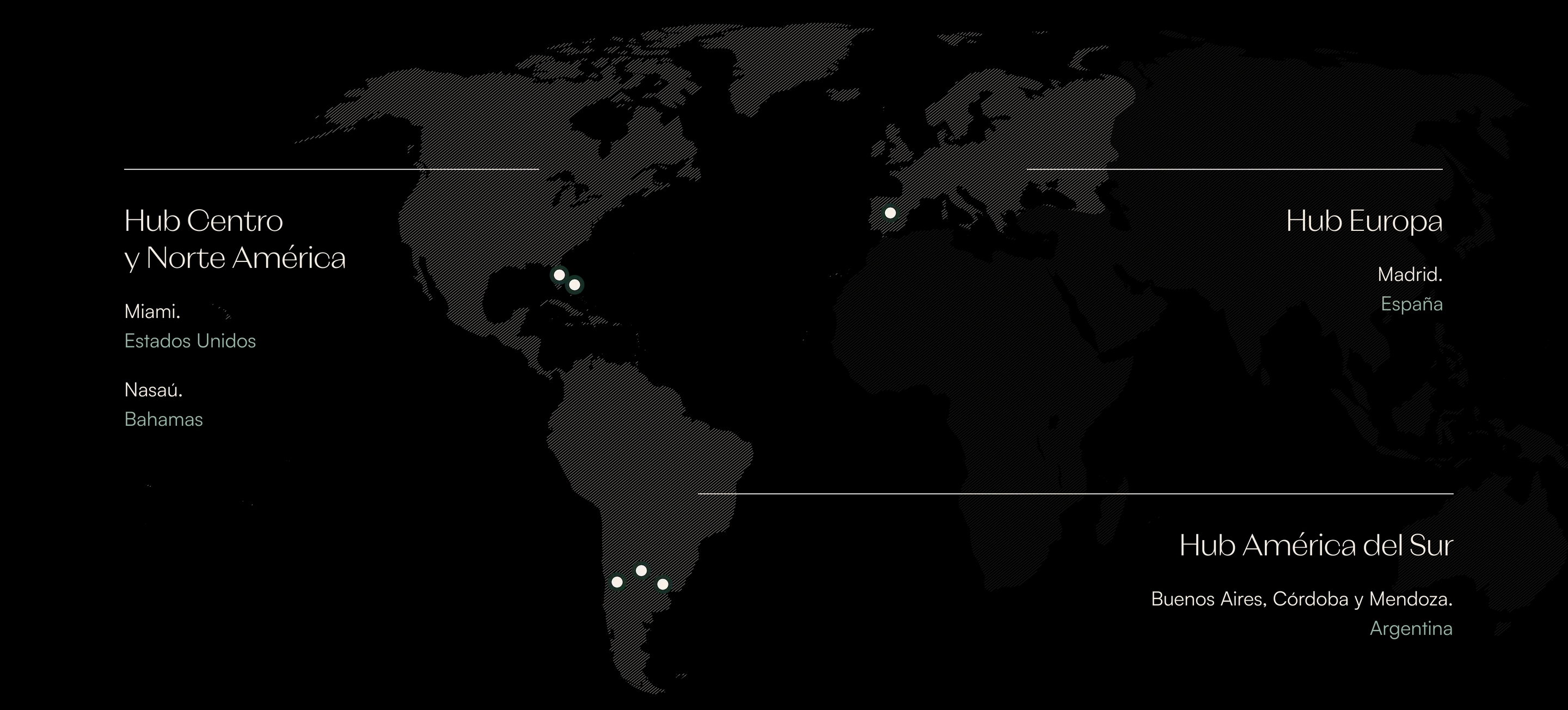 Mapa de oficinas. Miami, Nasaú, Buanos Aires, Córdoba, Mendoza, Madrid