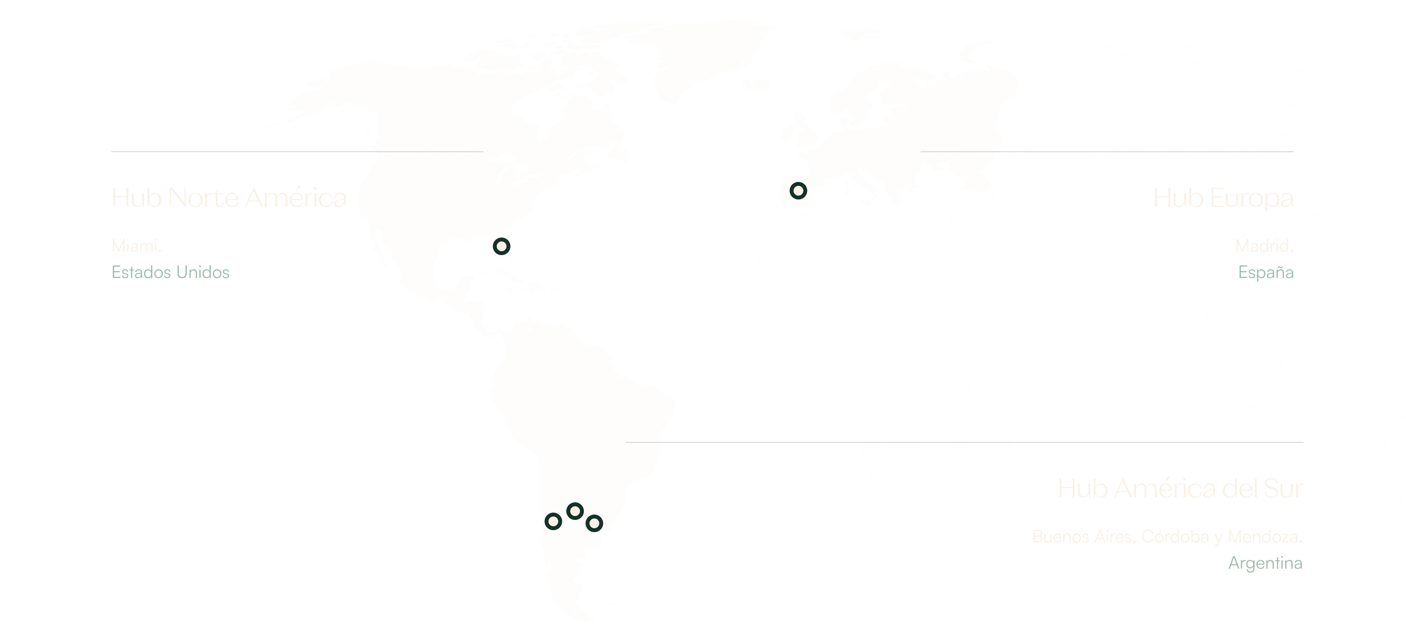 Mapa de oficinas. Miami, Nasaú, Buanos Aires, Córdoba, Mendoza, Madrid