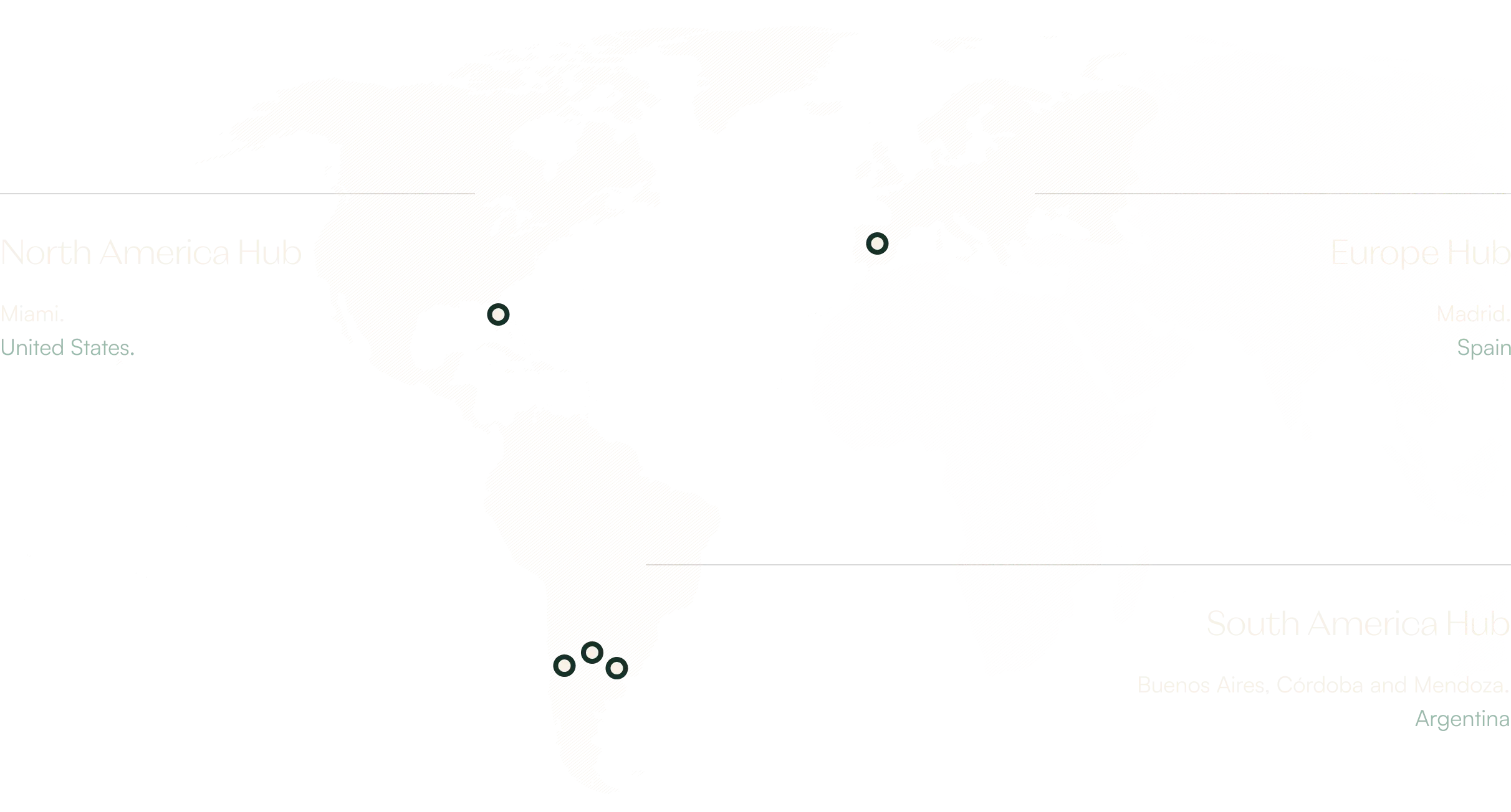 Map of offices. Miami, Nasaú, Buenos Aires, Córdoba, Mendoza, Madrid